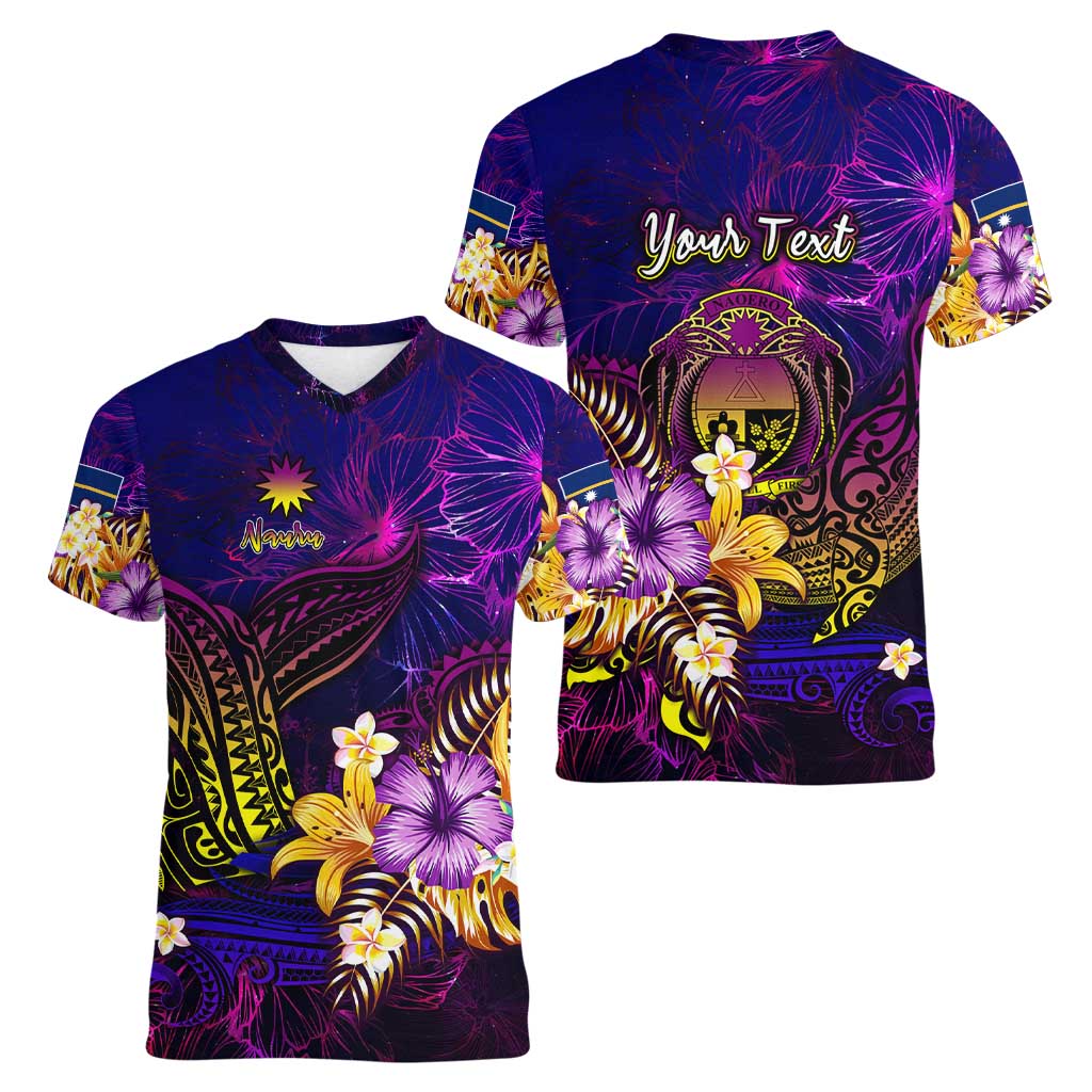 Nauru Women V-Neck T-Shirt Whale Hibiscus Polynesian