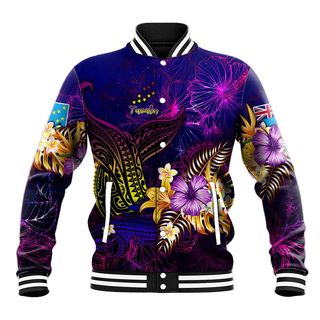 Tuvalu Baseball Jacket Whale Hibiscus Polynesian