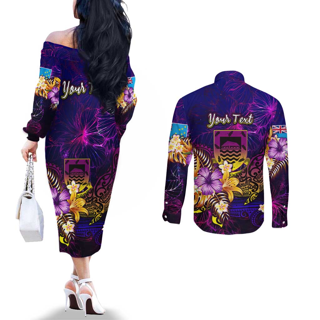 Tuvalu Couples Matching Off The Shoulder Long Sleeve Dress and Long Sleeve Button Shirt Whale Hibiscus Polynesian