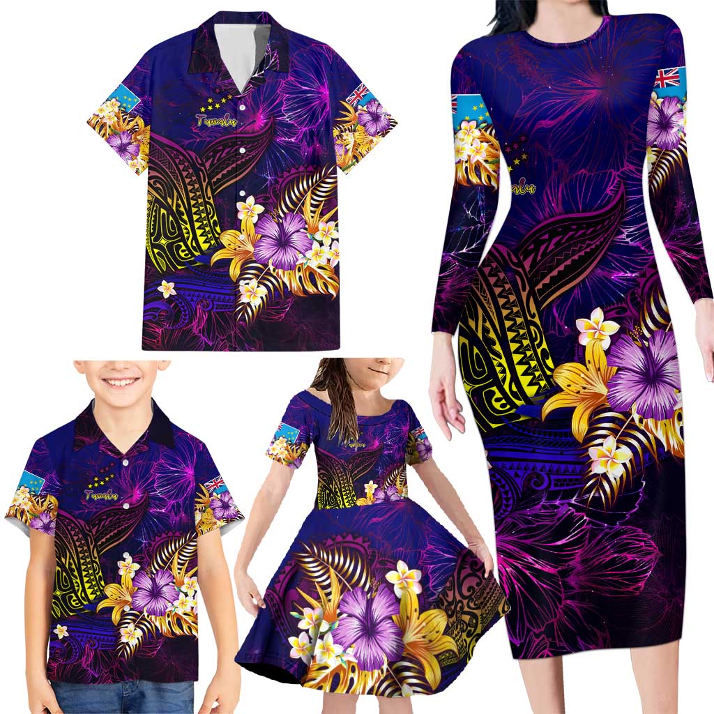 Tuvalu Family Matching Long Sleeve Bodycon Dress and Hawaiian Shirt Whale Hibiscus Polynesian