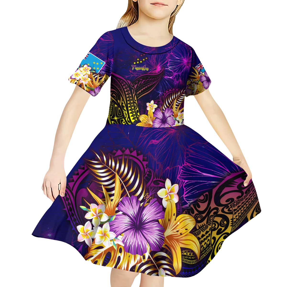 Tuvalu Kid Short Sleeve Dress Whale Hibiscus Polynesian