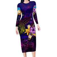 Tuvalu Long Sleeve Bodycon Dress Whale Hibiscus Polynesian