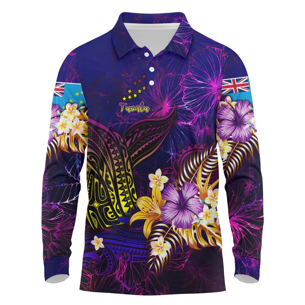 Tuvalu Long Sleeve Polo Shirt Whale Hibiscus Polynesian