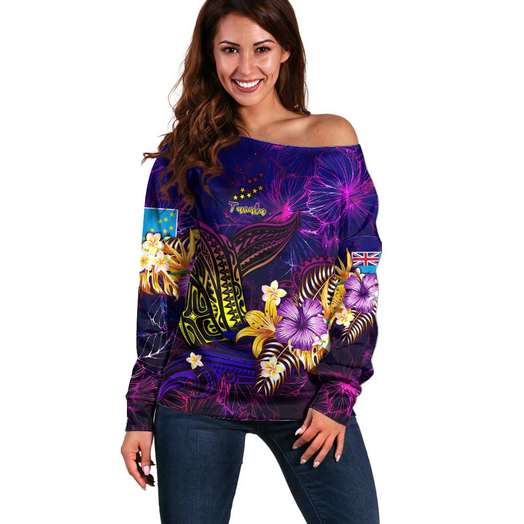 Tuvalu Off Shoulder Sweater Whale Hibiscus Polynesian