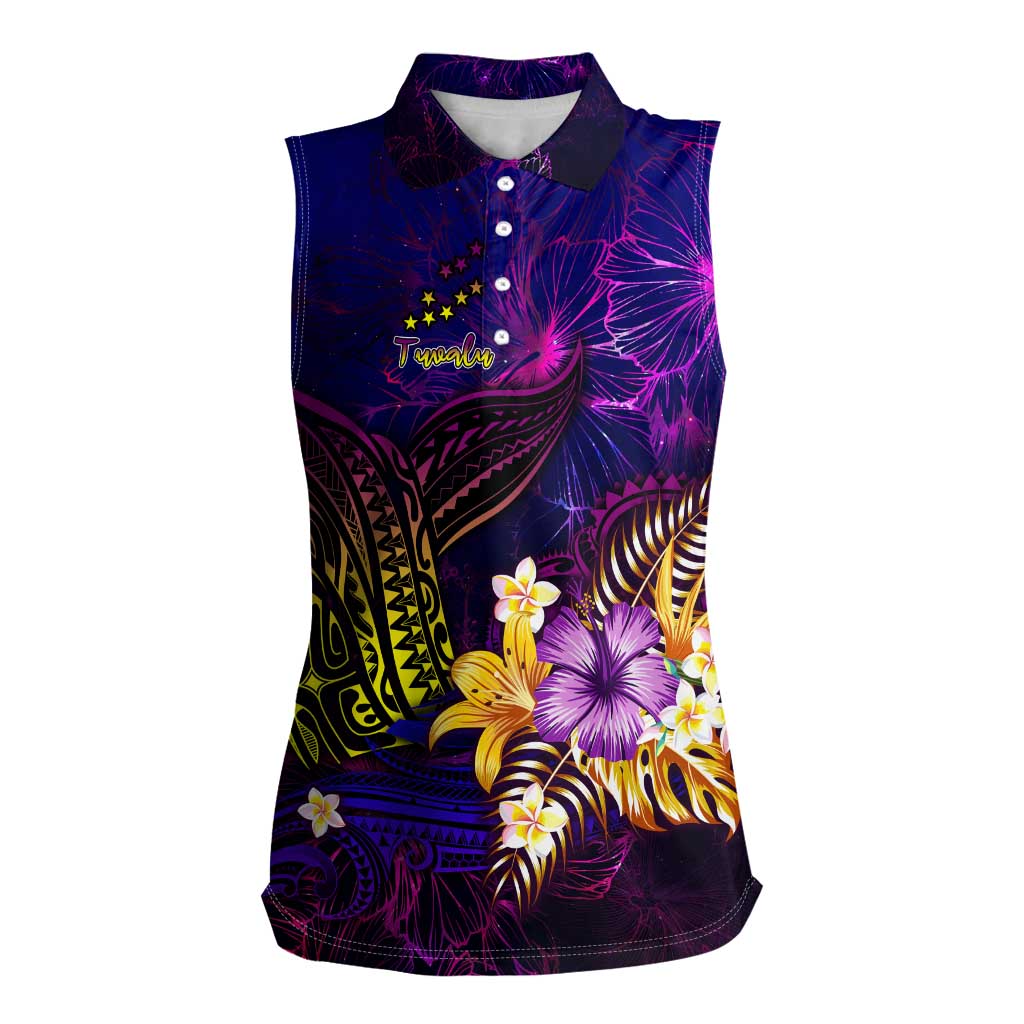 Tuvalu Women Sleeveless Polo Shirt Whale Hibiscus Polynesian