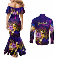 Northern Mariana Islands Couples Matching Mermaid Dress and Long Sleeve Button Shirt Whale Hibiscus Polynesian