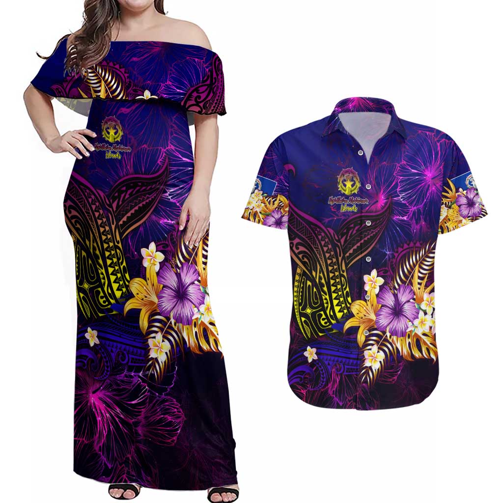 Northern Mariana Islands Couples Matching Off Shoulder Maxi Dress and Hawaiian Shirt Whale Hibiscus Polynesian