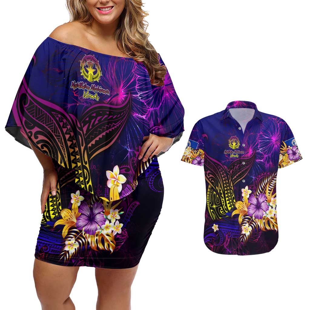 Northern Mariana Islands Couples Matching Off Shoulder Short Dress and Hawaiian Shirt Whale Hibiscus Polynesian
