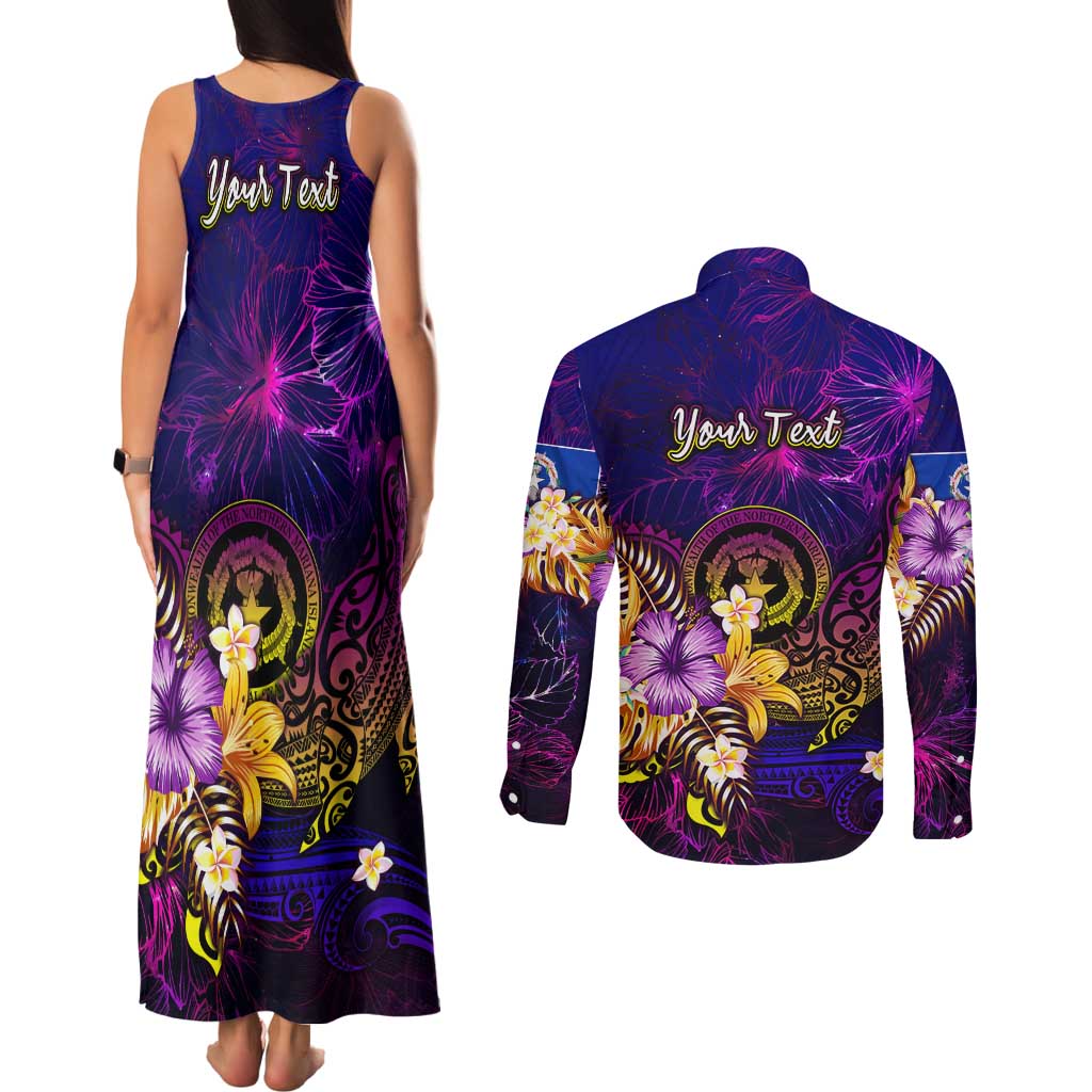 Northern Mariana Islands Couples Matching Tank Maxi Dress and Long Sleeve Button Shirt Whale Hibiscus Polynesian