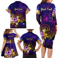 Northern Mariana Islands Family Matching Long Sleeve Bodycon Dress and Hawaiian Shirt Whale Hibiscus Polynesian