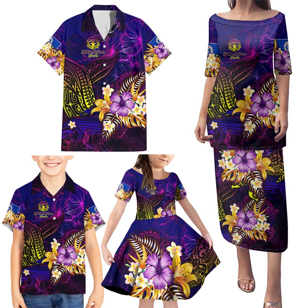Northern Mariana Islands Family Matching Puletasi and Hawaiian Shirt Whale Hibiscus Polynesian