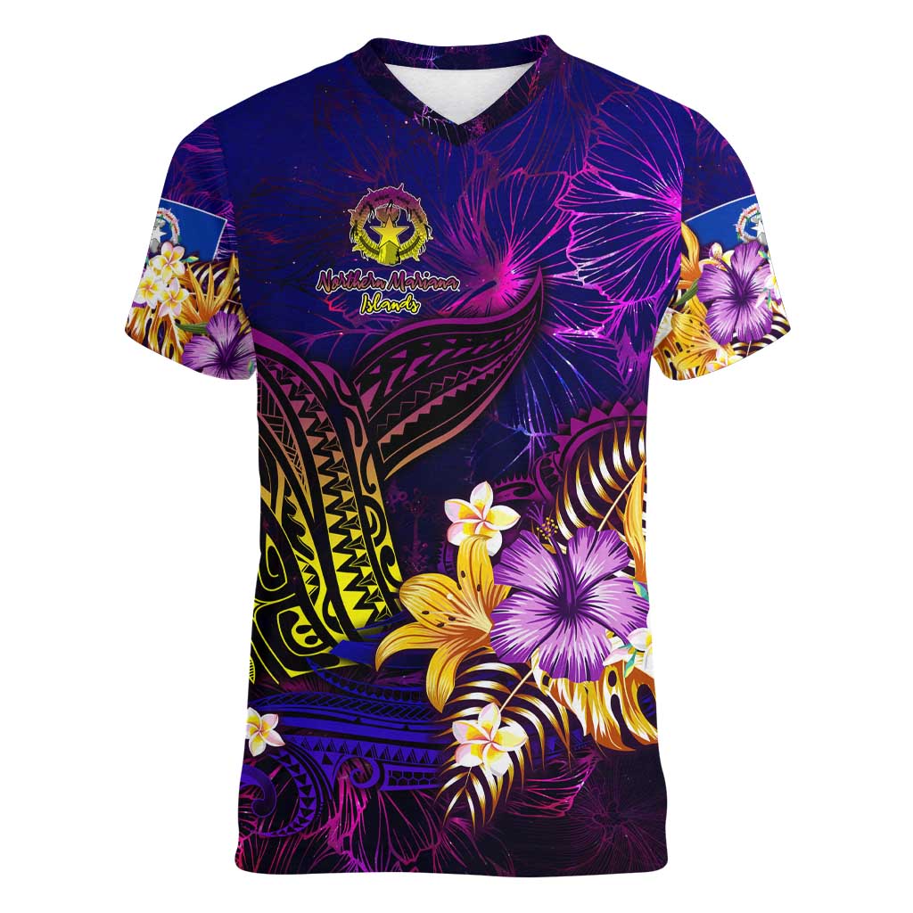 Northern Mariana Islands Women V-Neck T-Shirt Whale Hibiscus Polynesian