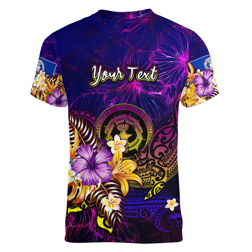 Northern Mariana Islands Women V-Neck T-Shirt Whale Hibiscus Polynesian