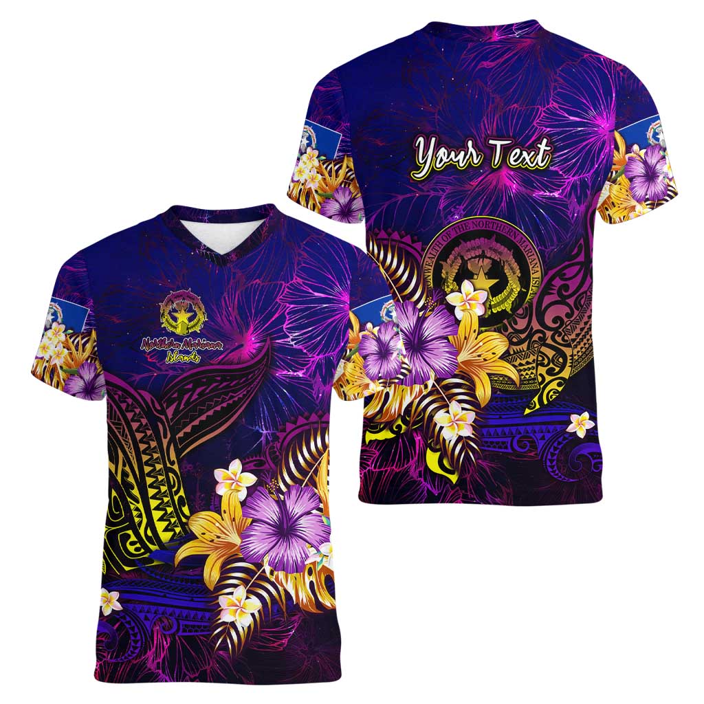 Northern Mariana Islands Women V-Neck T-Shirt Whale Hibiscus Polynesian