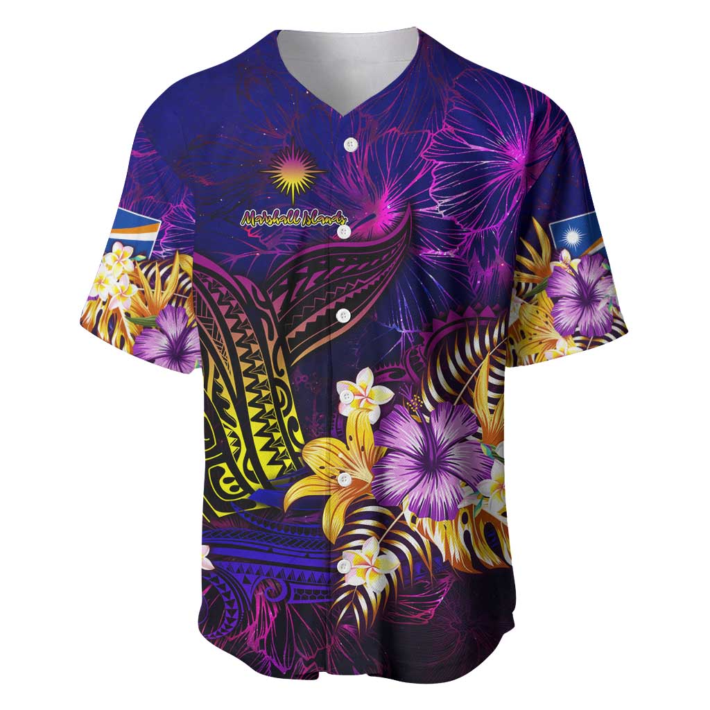 Marshall Islands Baseball Jersey Whale Hibiscus Polynesian DT02 Purple - Polynesian Pride