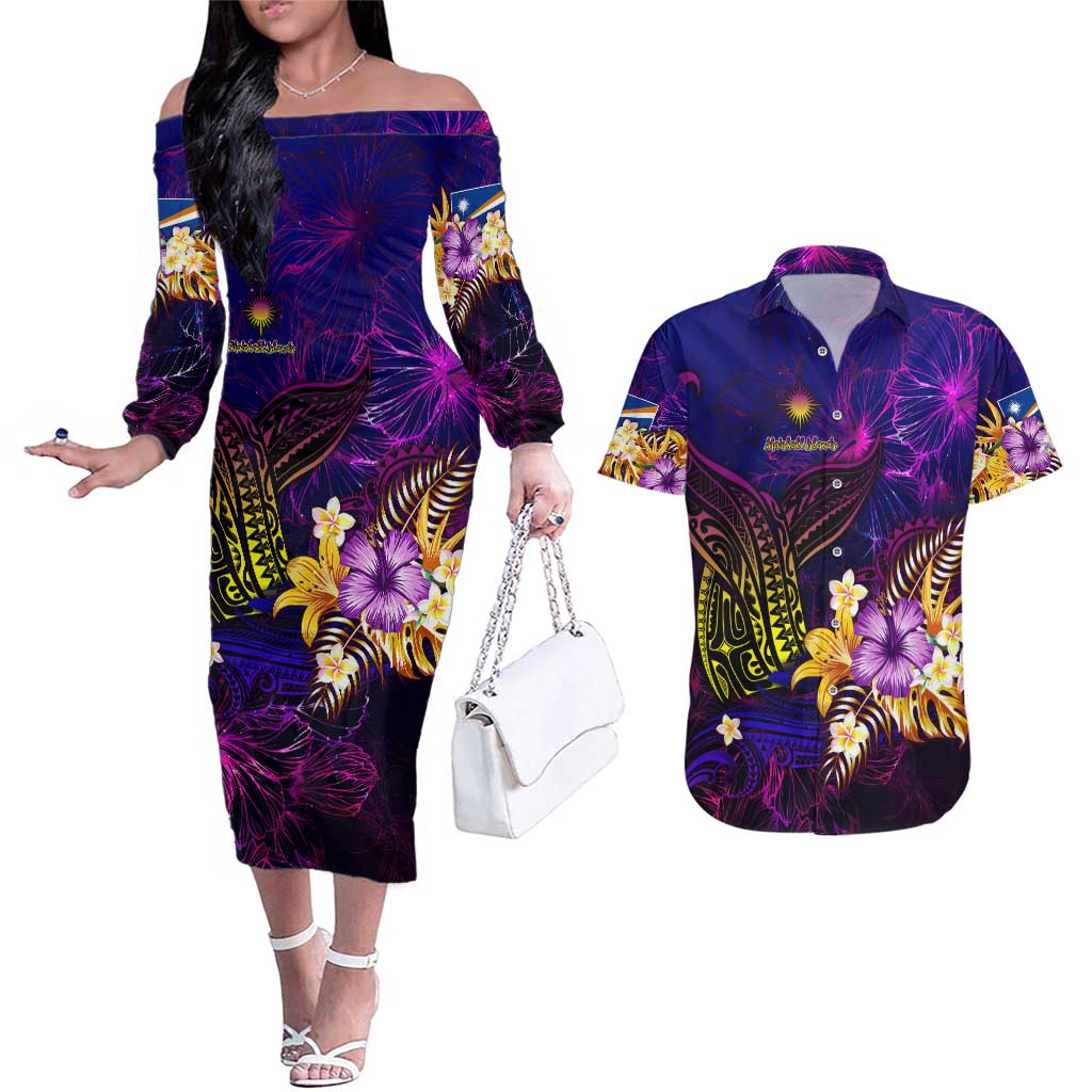Marshall Islands Couples Matching Off The Shoulder Long Sleeve Dress and Hawaiian Shirt Whale Hibiscus Polynesian