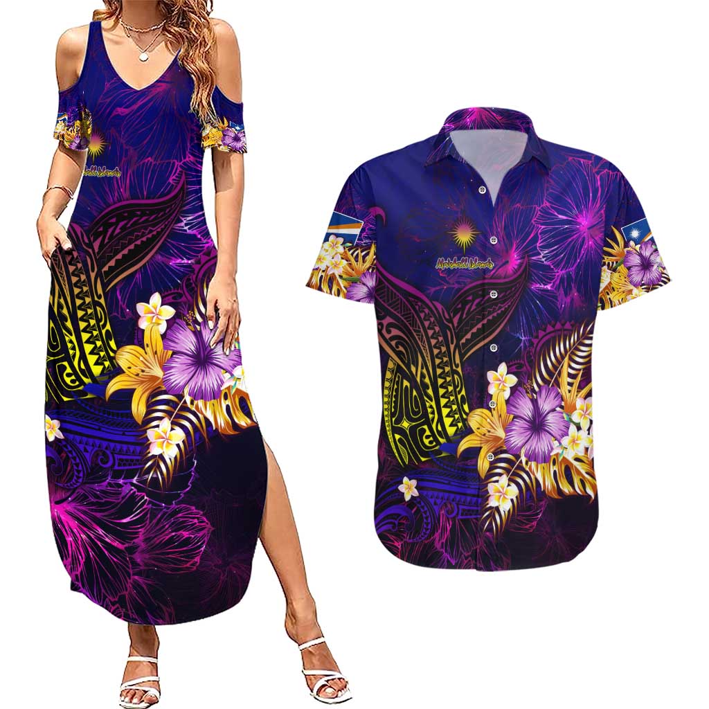 Marshall Islands Couples Matching Summer Maxi Dress and Hawaiian Shirt Whale Hibiscus Polynesian DT02 Purple - Polynesian Pride