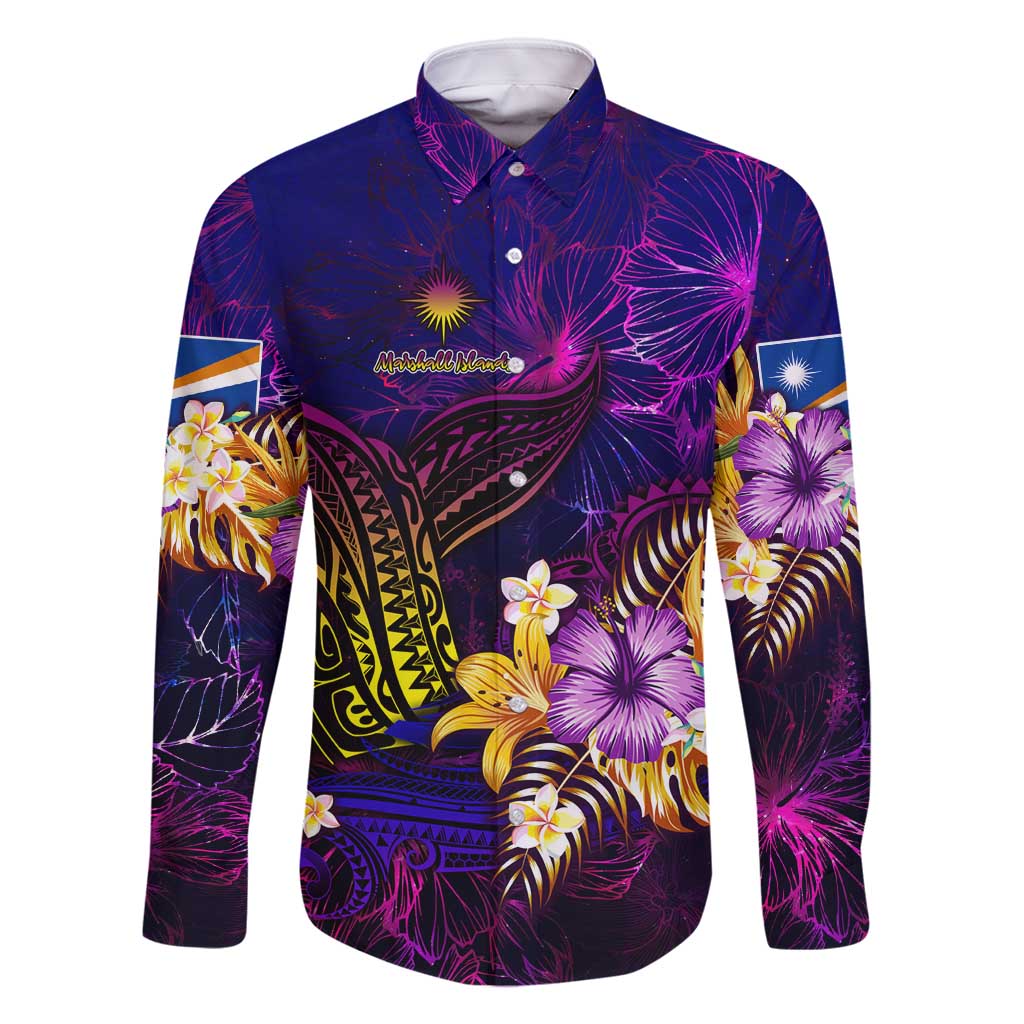 Marshall Islands Family Matching Mermaid Dress and Hawaiian Shirt Whale Hibiscus Polynesian DT02 Dad's Shirt - Long Sleeve Purple - Polynesian Pride