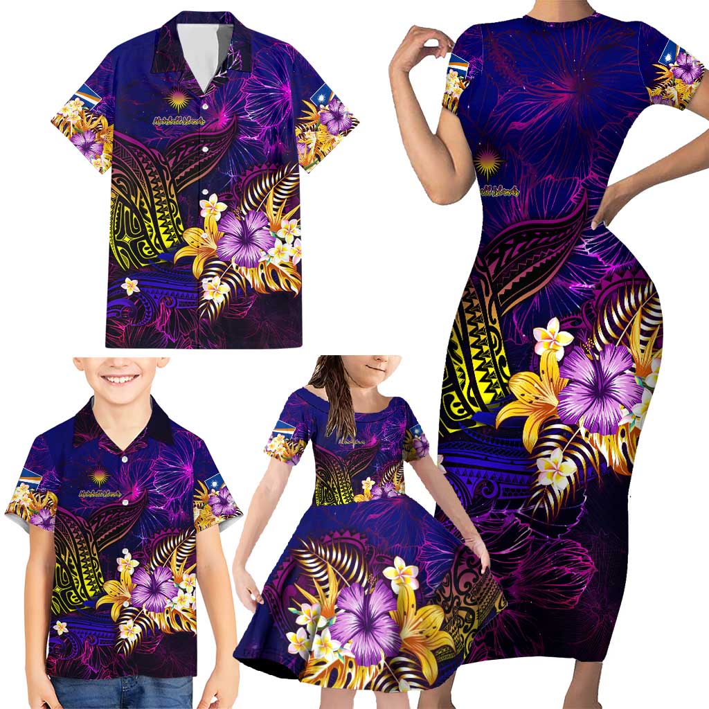 Marshall Islands Family Matching Short Sleeve Bodycon Dress and Hawaiian Shirt Whale Hibiscus Polynesian DT02 - Polynesian Pride