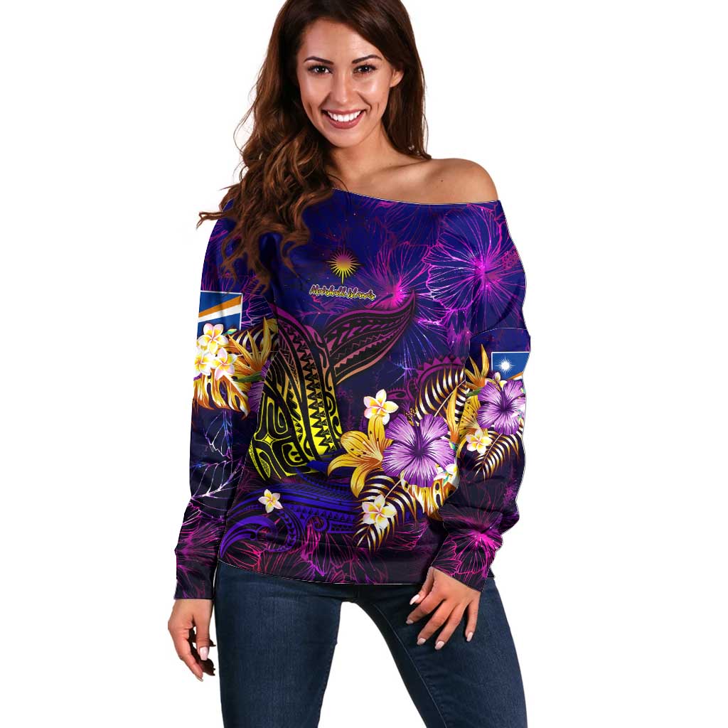 Marshall Islands Off Shoulder Sweater Whale Hibiscus Polynesian