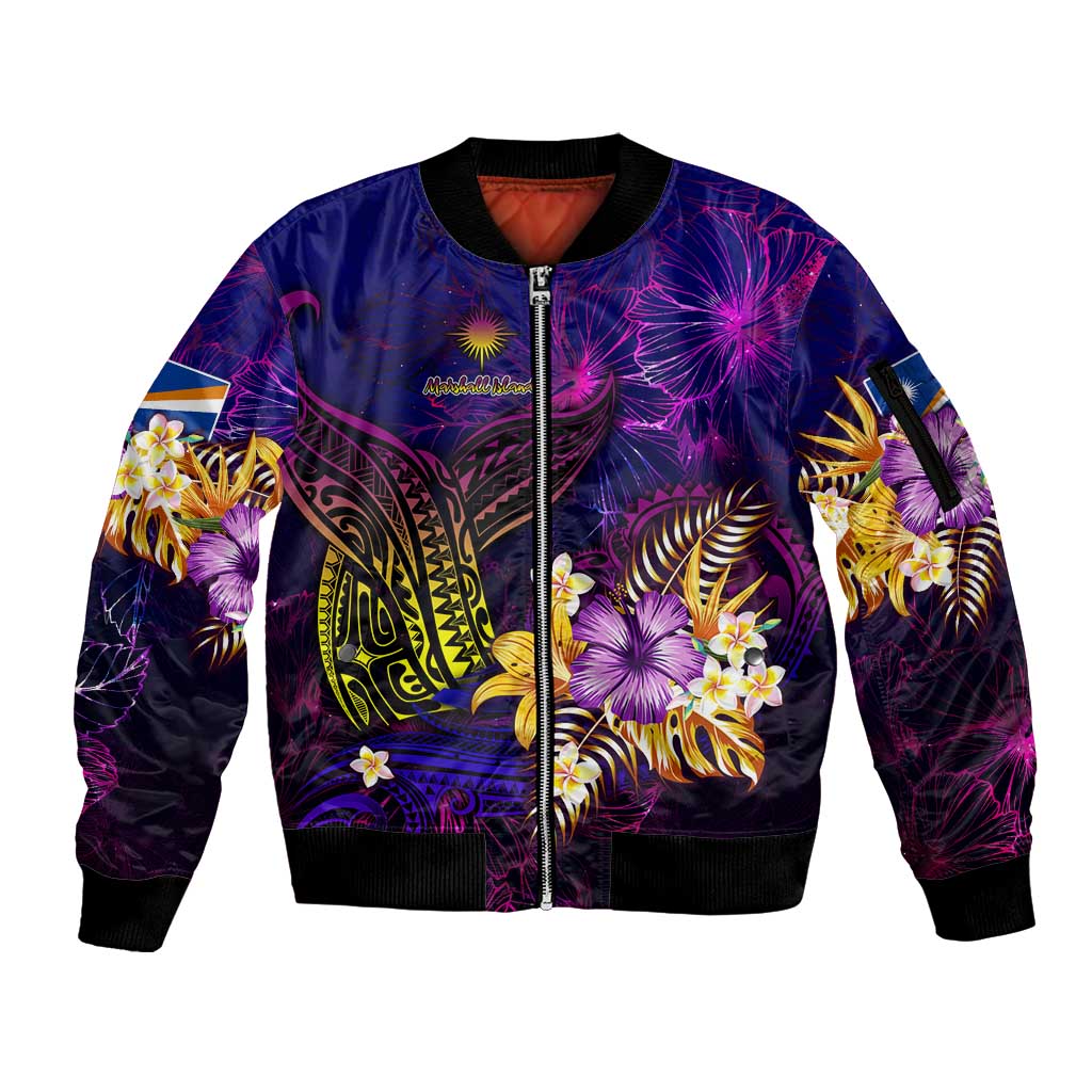 Marshall Islands Sleeve Zip Bomber Jacket Whale Hibiscus Polynesian DT02 Unisex Purple - Polynesian Pride