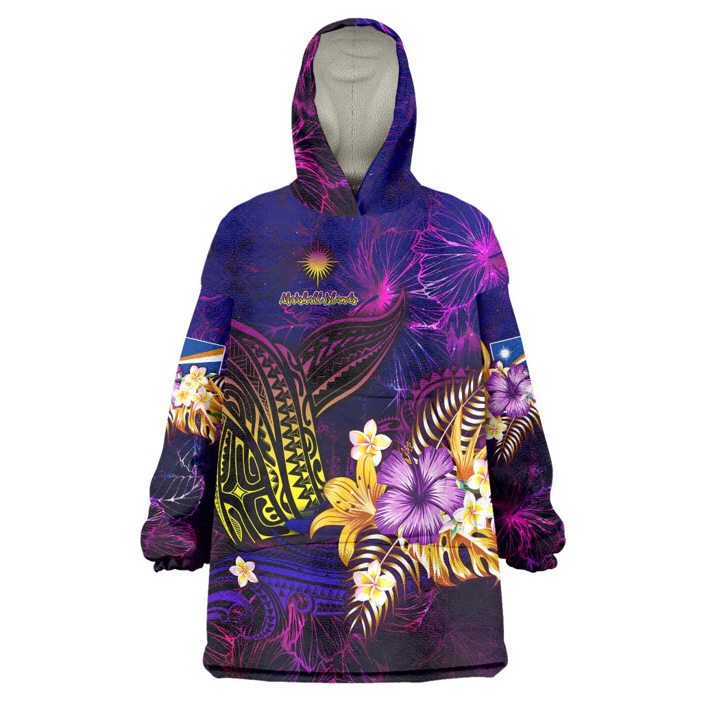 Marshall Islands Wearable Blanket Hoodie Whale Hibiscus Polynesian