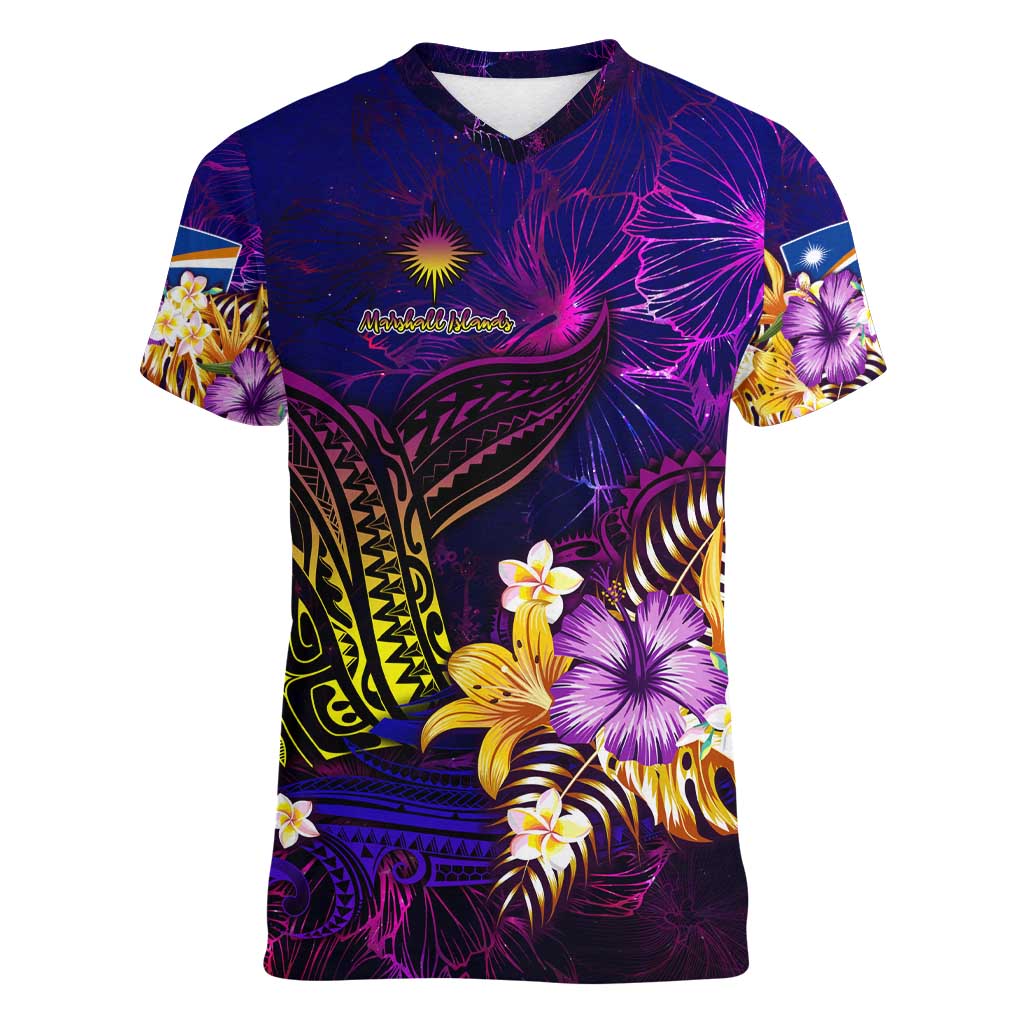 Marshall Islands Women V-Neck T-Shirt Whale Hibiscus Polynesian
