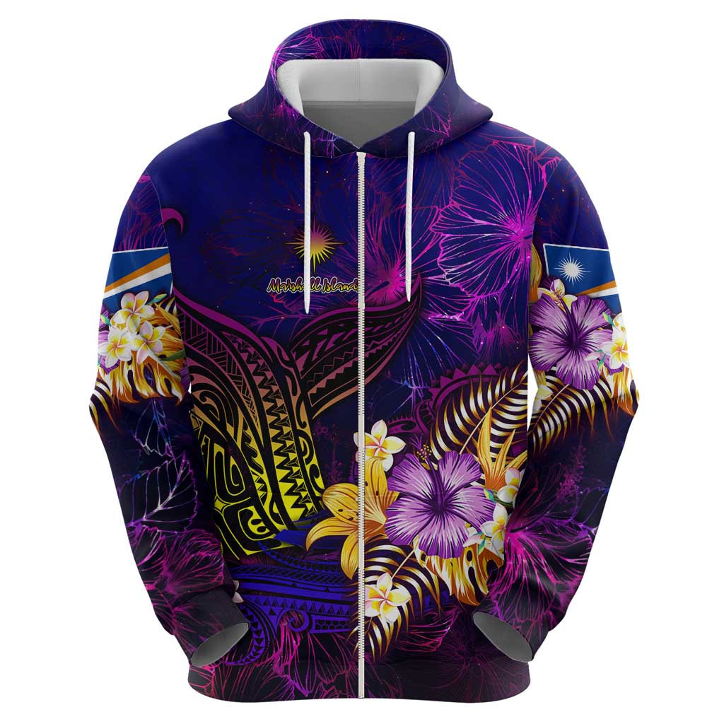 Marshall Islands Zip Hoodie Whale Hibiscus Polynesian