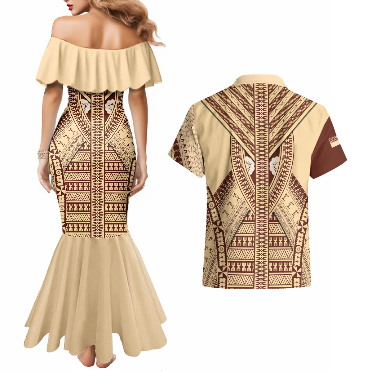 fiji-bula-couples-matching-mermaid-dress-and-hawaiian-shirt-tapa-pattern-design