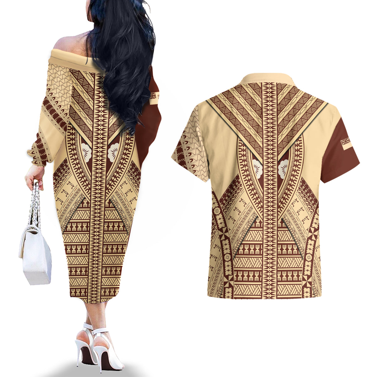 fiji-bula-couples-matching-off-the-shoulder-long-sleeve-dress-and-hawaiian-shirt-tapa-pattern-design