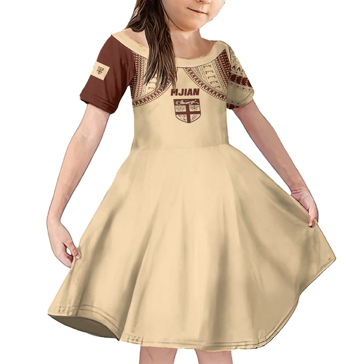 Fiji Bula Family Matching Puletasi Dress and Hawaiian Shirt Tapa Pattern Design DT02 Daughter's Dress Beige - Polynesian Pride