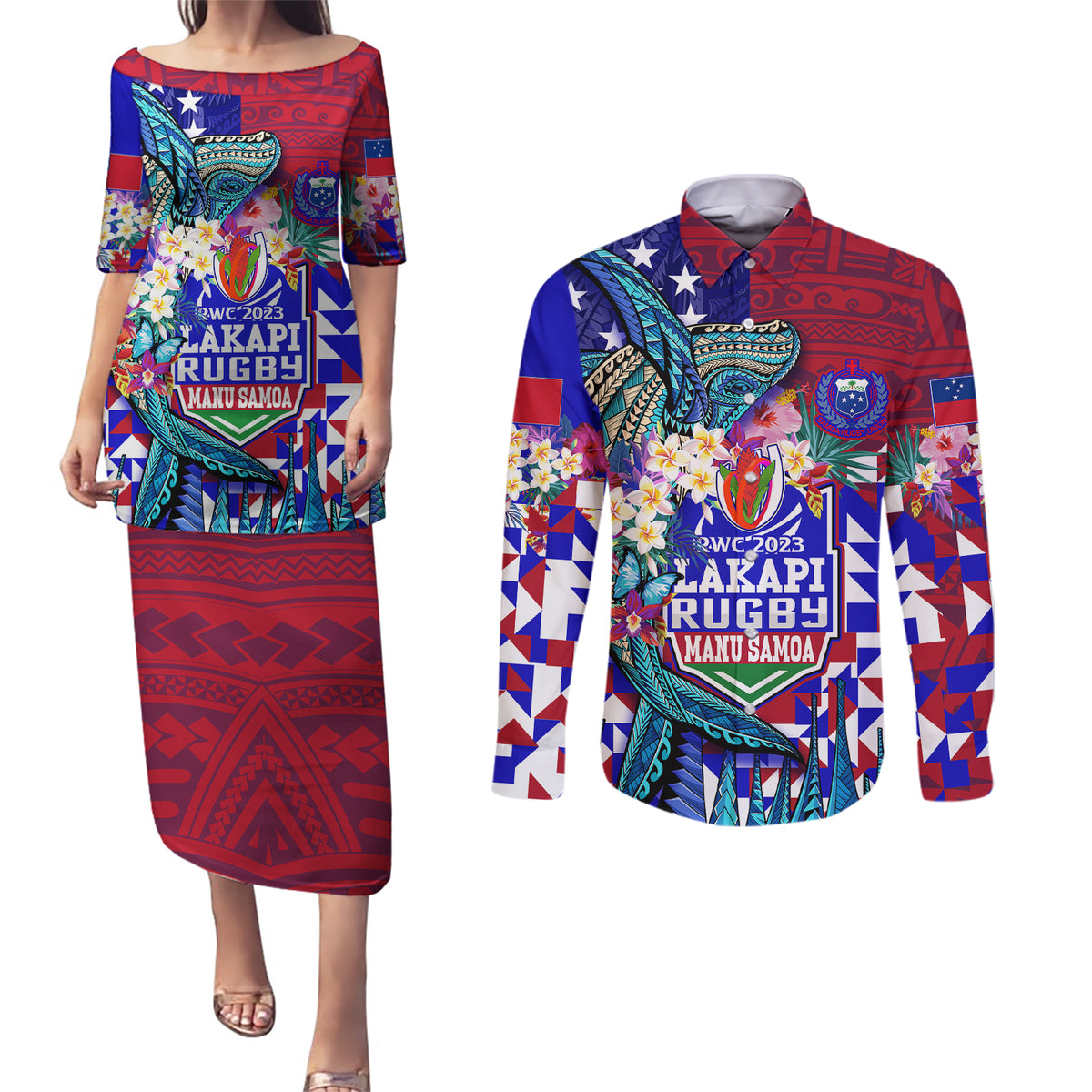 manu-samoa-rugby-2023-couples-matching-puletasi-dress-and-long-sleeve-button-shirts-humpback-whale-hexagon-tribal-tropical-style