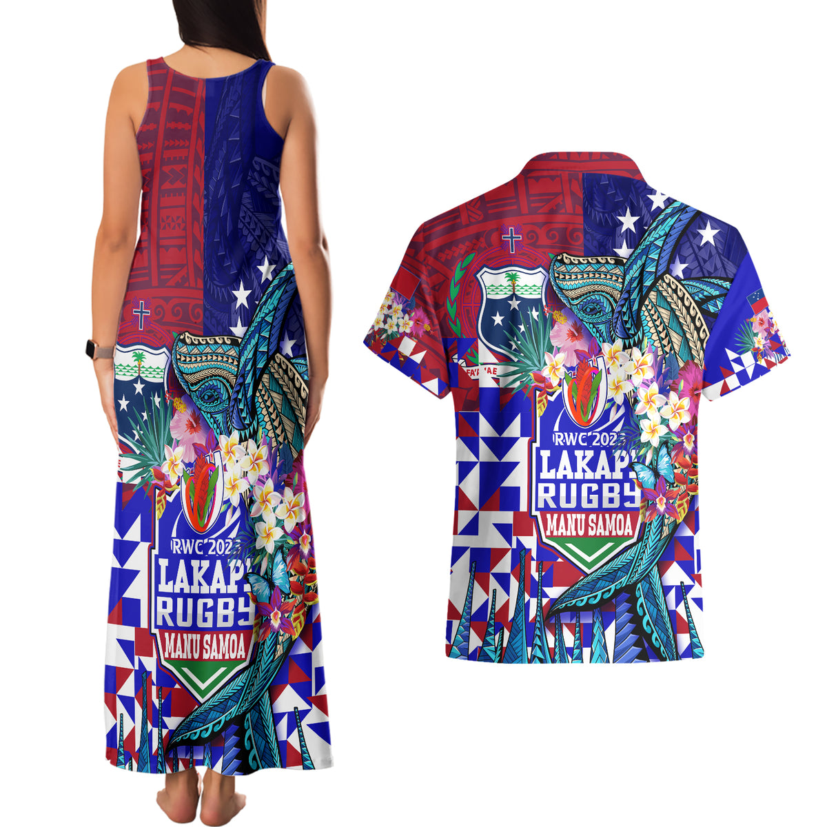 Manu Samoa Rugby 2023 Couples Matching Tank Maxi Dress and Hawaiian Shirt Humpback Whale Hexagon Tribal Tropical Style DT02 - Polynesian Pride