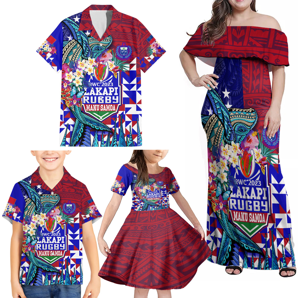 manu-samoa-rugby-2023-family-matching-off-shoulder-maxi-dress-and-hawaiian-shirt-humpback-whale-hexagon-tribal-tropical-style