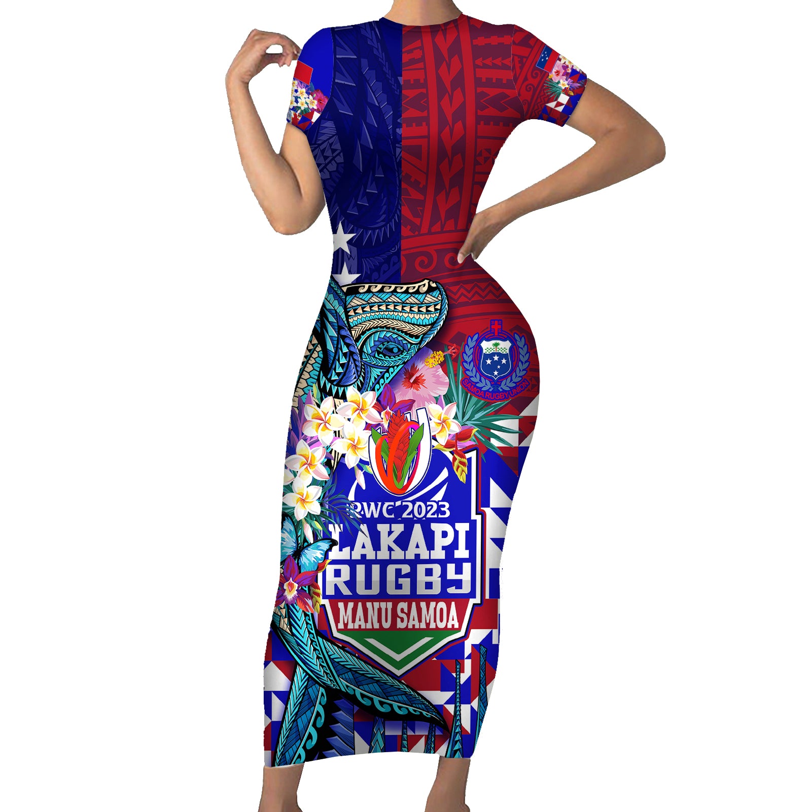 manu-samoa-rugby-2023-short-sleeve-bodycon-dress-humpback-whale-hexagon-tribal-tropical-style