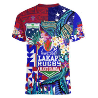 Manu Samoa Rugby 2023 Women V Neck T Shirt Humpback Whale Hexagon Tribal Tropical Style DT02 - Polynesian Pride