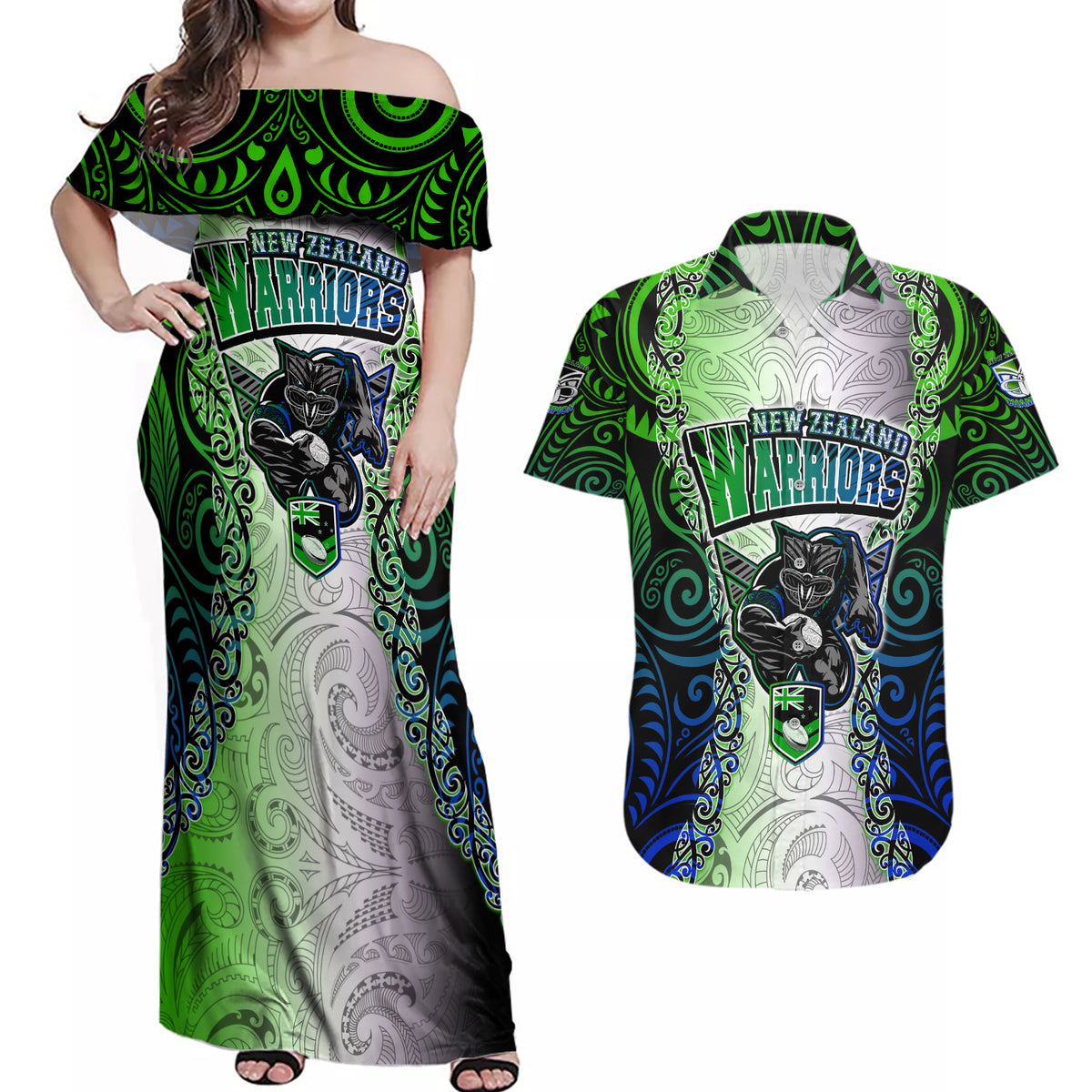Personalised New Zealand Warriors Couples Matching Off Shoulder Maxi Dress and Hawaiian Shirt Maori Silver Fern Green DT02 Green - Polynesian Pride