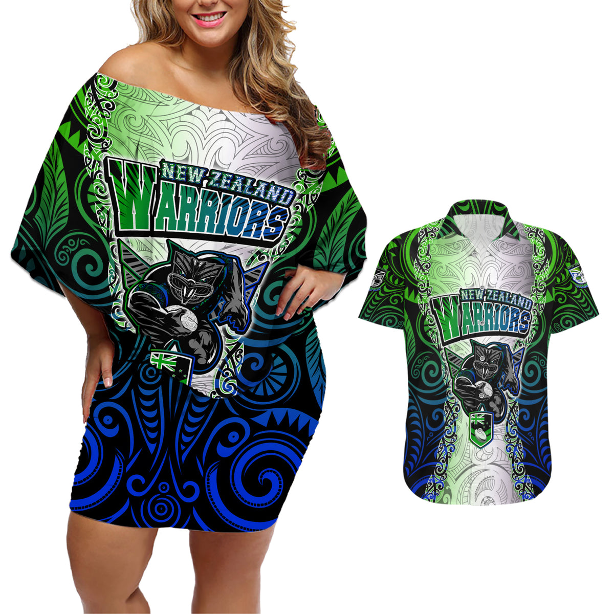 Personalised New Zealand Warriors Couples Matching Off Shoulder Short Dress and Hawaiian Shirt Maori Silver Fern Green DT02 Green - Polynesian Pride