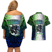 Personalised New Zealand Warriors Couples Matching Off Shoulder Short Dress and Hawaiian Shirt Maori Silver Fern Green DT02 - Polynesian Pride
