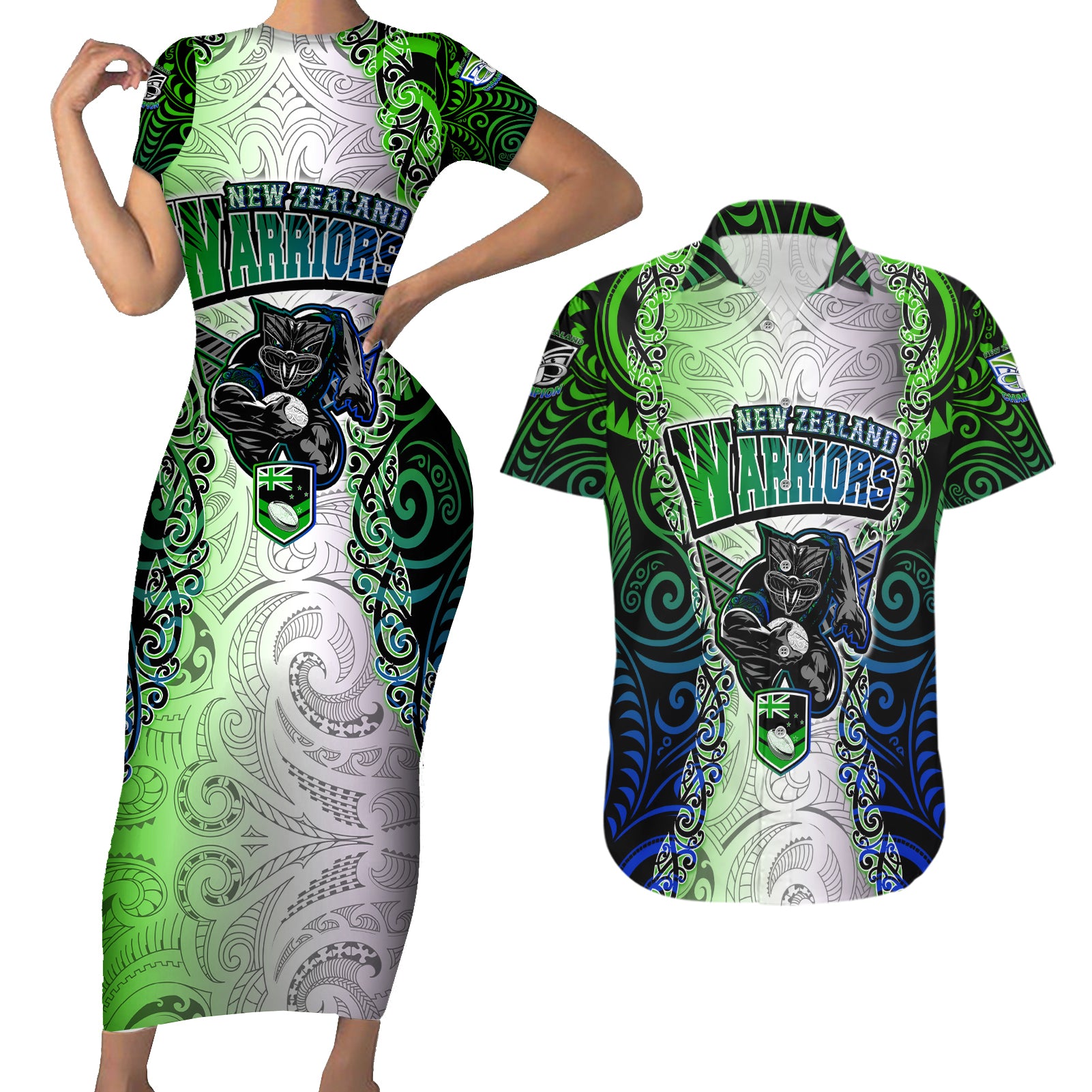 Personalised New Zealand Warriors Couples Matching Short Sleeve Bodycon Dress and Hawaiian Shirt Maori Silver Fern Green DT02 Green - Polynesian Pride