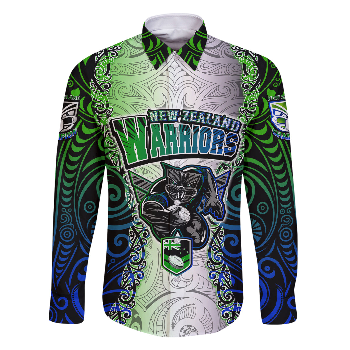 Personalised New Zealand Warriors Family Matching Off Shoulder Long Sleeve Dress and Hawaiian Shirt Maori Silver Fern Green DT02 Dad's Shirt - Long Sleeve Green - Polynesian Pride