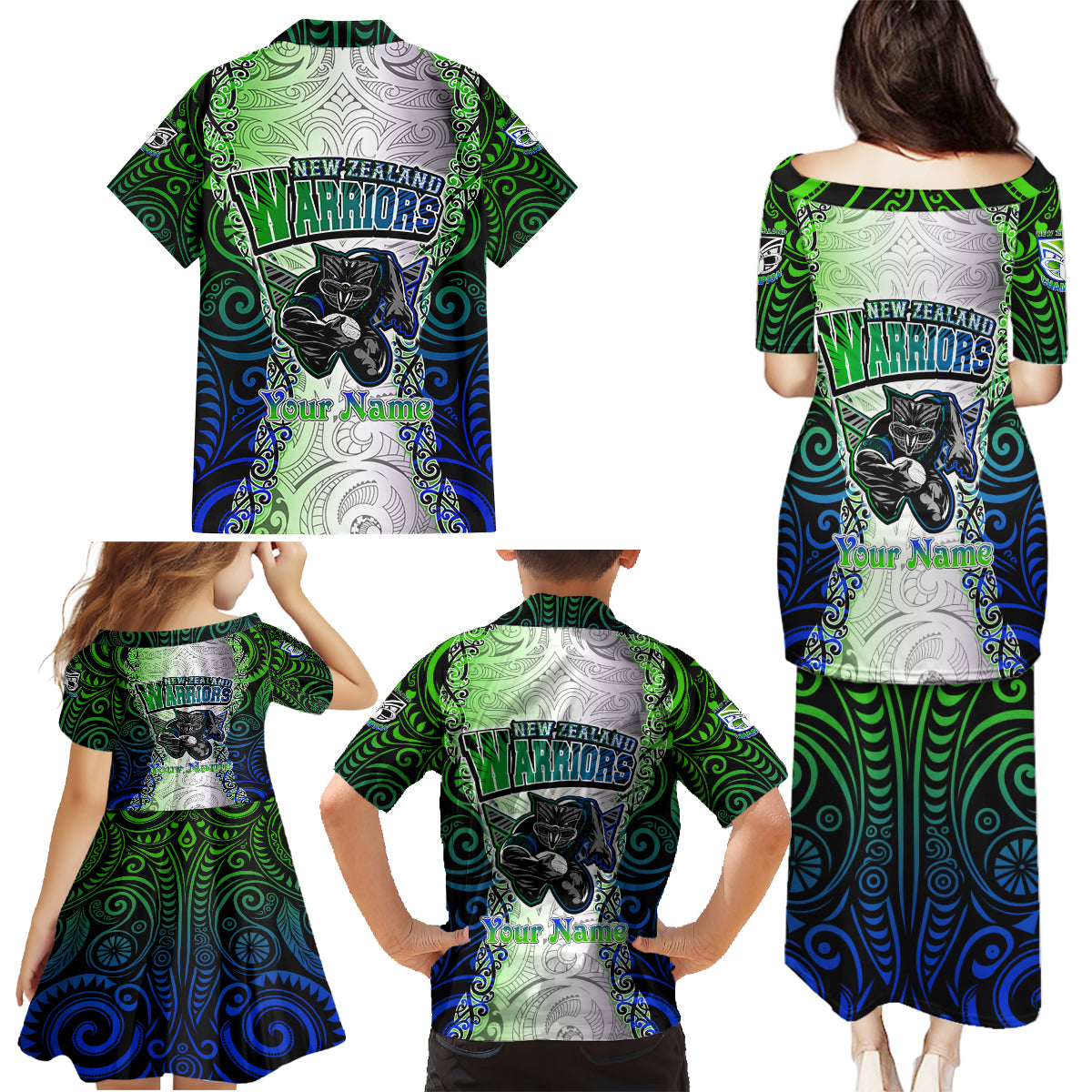 Personalised New Zealand Warriors Family Matching Puletasi Dress and Hawaiian Shirt Maori Silver Fern Green DT02 - Polynesian Pride