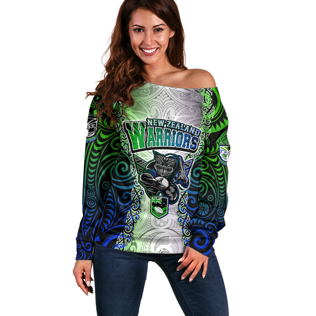 Personalised New Zealand Warriors Off Shoulder Sweater Maori Silver Fern Green DT02 Women Green - Polynesian Pride