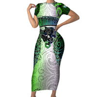 Personalised New Zealand Warriors Short Sleeve Bodycon Dress Maori Silver Fern Green DT02 Long Dress Green - Polynesian Pride