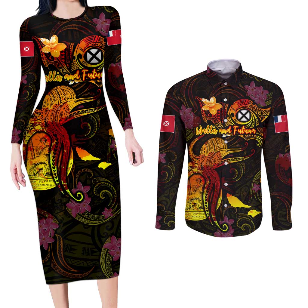 Wallis and Futuna Couples Matching Long Sleeve Bodycon Dress and Long Sleeve Button Shirt Octopus Plumeria Polynesian Tattoo DT02 Black - Polynesian Pride