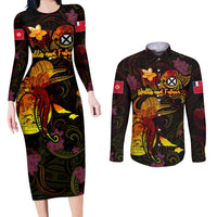 Wallis and Futuna Couples Matching Long Sleeve Bodycon Dress and Long Sleeve Button Shirt Octopus Plumeria Polynesian Tattoo DT02 Black - Polynesian Pride