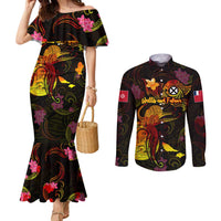 Wallis and Futuna Couples Matching Mermaid Dress and Long Sleeve Button Shirt Octopus Plumeria Polynesian Tattoo DT02 Black - Polynesian Pride