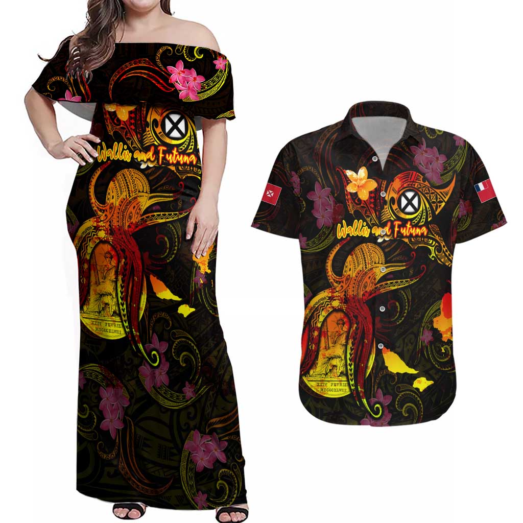 Wallis and Futuna Couples Matching Off Shoulder Maxi Dress and Hawaiian Shirt Octopus Plumeria Polynesian Tattoo DT02 Black - Polynesian Pride
