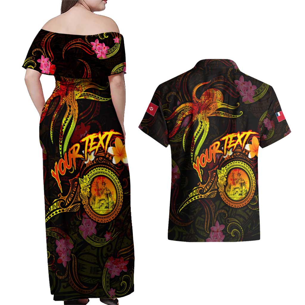 Wallis and Futuna Couples Matching Off Shoulder Maxi Dress and Hawaiian Shirt Octopus Plumeria Polynesian Tattoo DT02 - Polynesian Pride