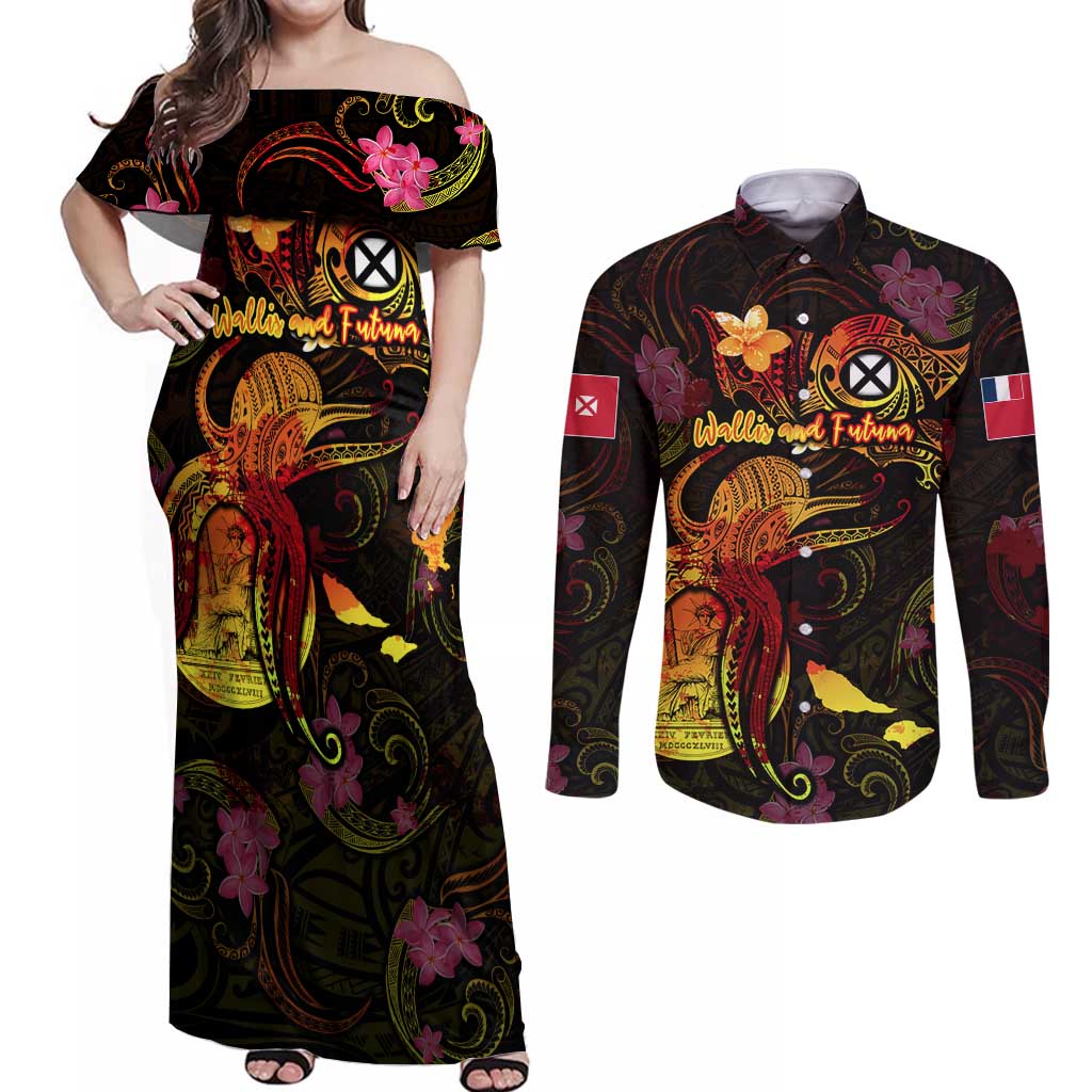 Wallis and Futuna Couples Matching Off Shoulder Maxi Dress and Long Sleeve Button Shirt Octopus Plumeria Polynesian Tattoo DT02 Black - Polynesian Pride